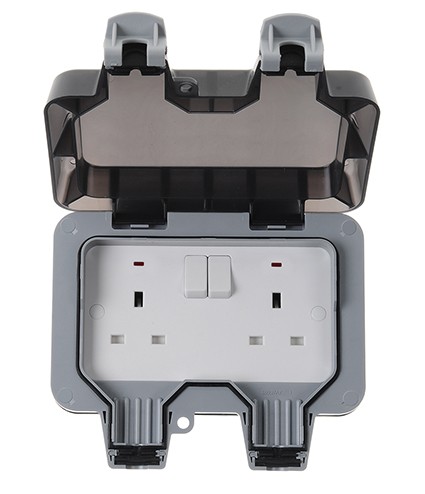 Waterproof Outdoor 13A 2Gang Storm Switched Socket Double IP66 Outside UK Plug 